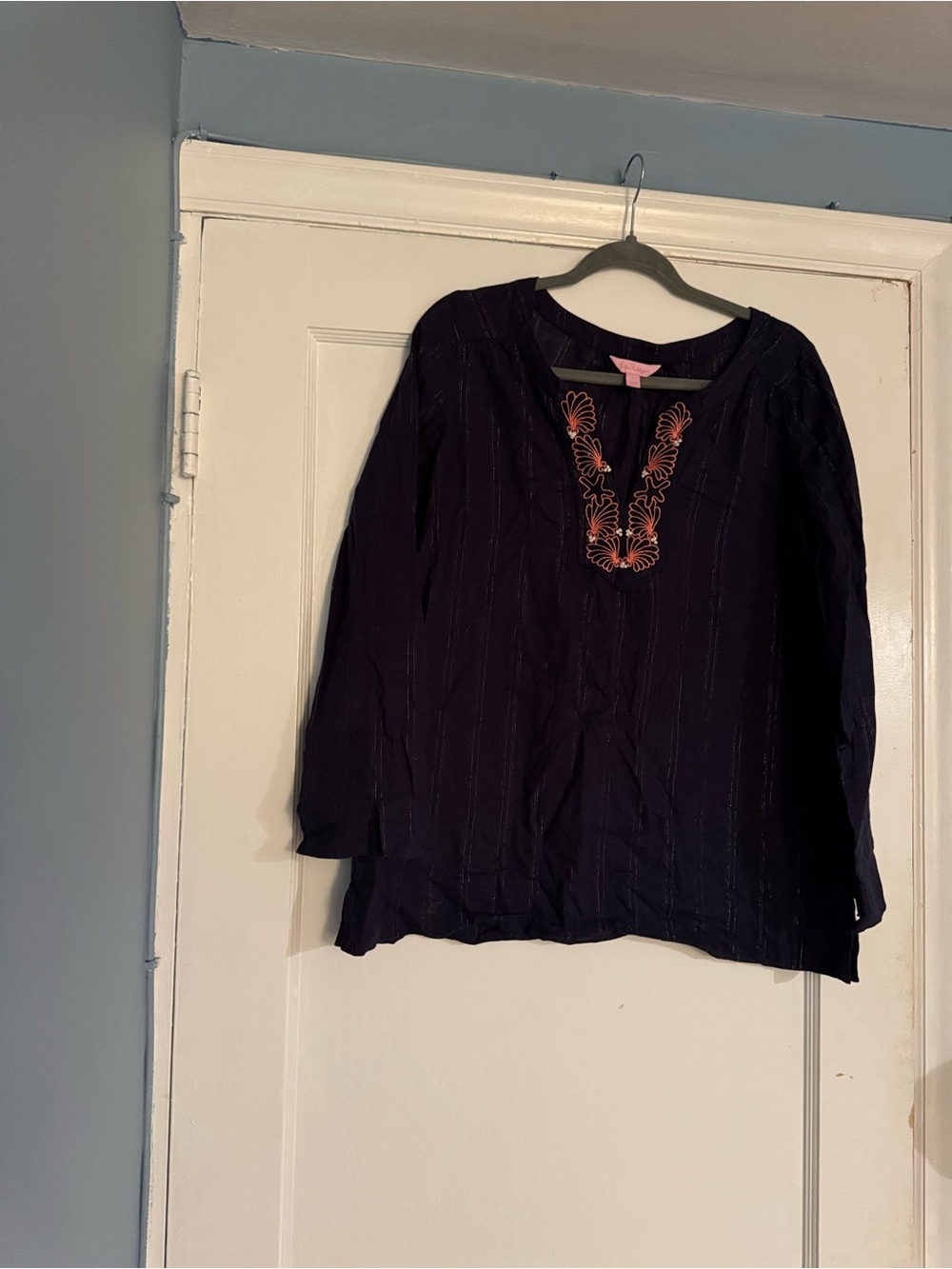 Lilly Pulitzer Navy Tunic with Silver threading & Embroidered Neckline